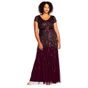 Adrianna Papell Long Beaded V-Neck Dress with Cap Sleeves Size 20W NWOT